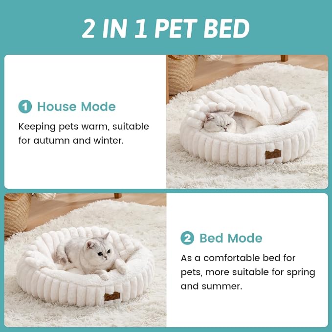 Cat Bed with Hooded Blanket, Round Fluffy Anti-Anxiety Pet Bed for Cats/Small Dogs, Cozy Donut Cuddler with Machine Washable Faux Fur & Anti-Slip Bottom(23"×23"×6",Cream) - Image 3