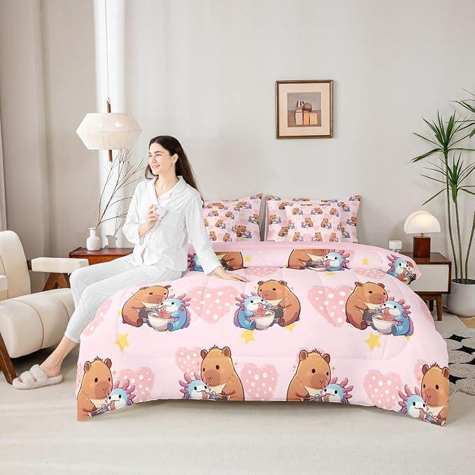 Erosebridal Girls Cute Capybara 7 Pieces Bedding Set, Axolotl Bed in a Bag Full, Capybara Feeding Noodles to Salamanders Pink Comforter Set with Sheets, Star Polka Dot Love Heart Bed Sets - Image 6