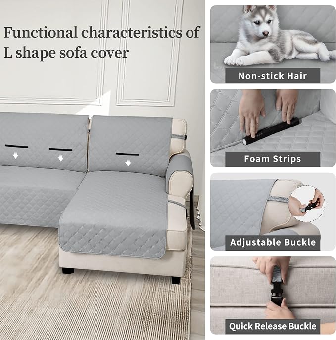 Easy-Going Waterproof Sectional Couch Covers with Chaise 2-Piece Non Slip L Shape Sofa Cover for Dogs Leakproof Furniture Protector Cover with Adjustable Strap for Pets (Small, Light Gray) - Image 3