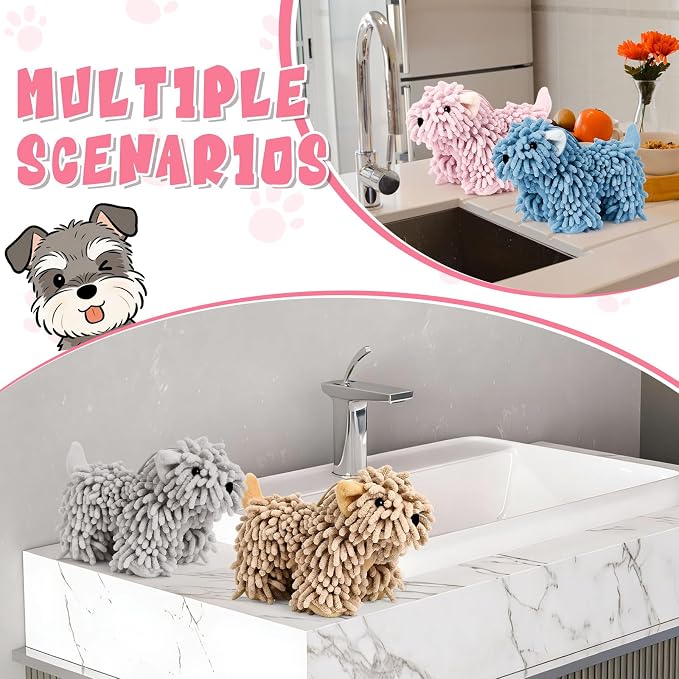 Tegeme 4 Pcs Chenille Dog Hand Towel Fuzzy Towel Absorbent Microfiber Soft for Bathroom Kitchen Washstand (Gray Brown Pink Blue,Standing Dog) - Image 5