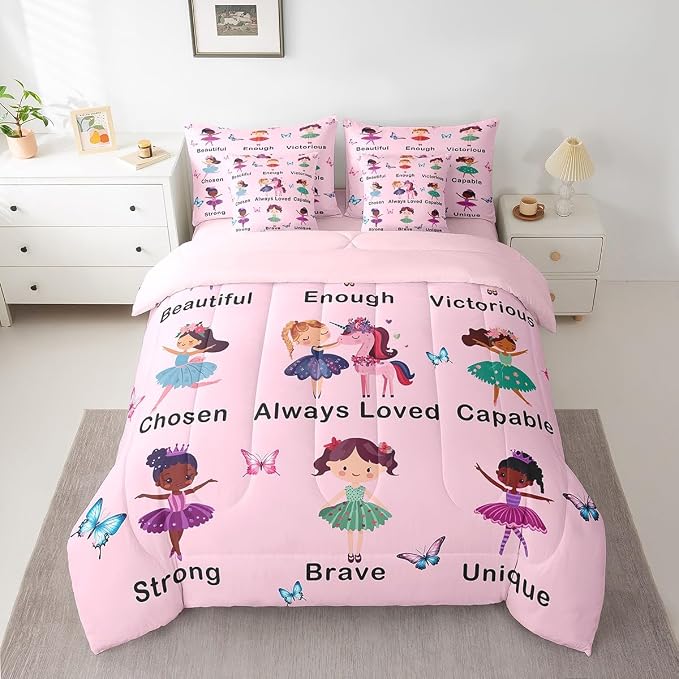 Erosebridal 7 Piece Girls Pink Princess Kids Comforter Set Queen Bed in a Bag,Ballet Bedding Set,Dancing Girls Inspirational Duvet Insert,Dreamy Princess Style Sheet Set,Butterfly Unicorn Quilt - Image 2