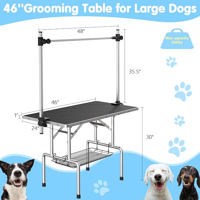 Lyromix 46''Large Dog Grooming Table, Adjustable Cat Drying Desktop with Arms, Nooses, Mesh Tray, Foldable Pet Station at Home, Maximum Capacity Up to 330Lb, 46inch, Black, 46in | Stainless Steel Grooming Table for Dogs at Home, Adjustable Pet Bathing ... - Image 6