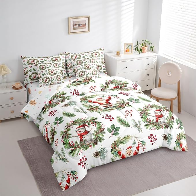 Erosebridal Cartoon Santa Claus Queen Comforter Set with Sheets 7 Piece Cute Xmas Snowman Bed in A Bag Winter Red Berry Pine Branches Leaf Bedding Sets for Men Adults New Year Holiday Wreath Bed Set - Image 4