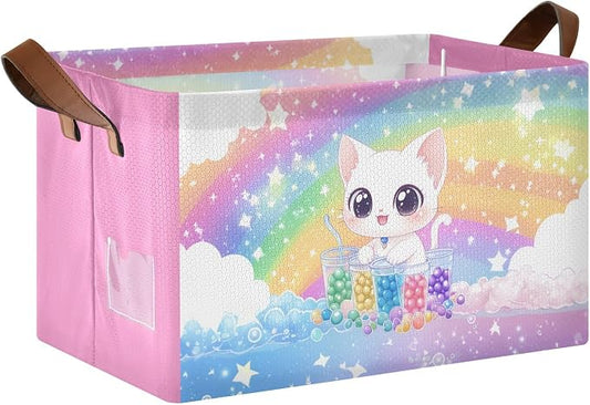 Cute White Cat Rainbow Colorful Baby Storage Basket with Labels&Handles Rectangular Waterproof Nursery Storage Bins Collapsible Shelf Organizer Baskets for Kids Books Cloth Gift Basket Toys Laundry by Unknown