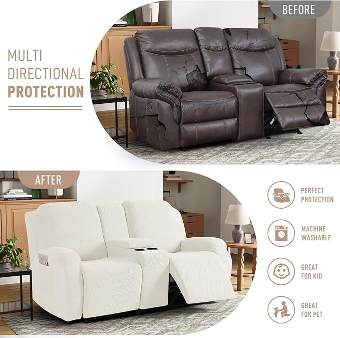 KinCam Loveseat Recliner Covers with Middle Console Slipcover, Cream | Stretch Recliner Sofa Covers for 2 Seat Couch Cover, Jacquard Furniture Protector Covers with Elastic Bottom for Kids, Pets - Image 4
