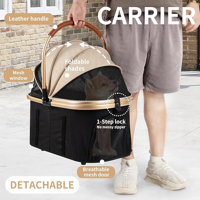 3 in 1 Pet Stroller with 4 Wheels, Foldable Pet Travel Carrier for Small/Medium Dogs Cats up to 50lbs, Detachble Portable Cat Bag, Storage Basket
