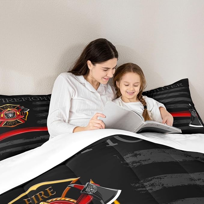 Firefighter Comforter Set King Size,American Flag Geometric Stripes Bedding Set,Boys Girls Adults Room Decor,Fire Fighting Truck Tools Down Comforter,Red Black Fashion Duvet Insert,2 Pillowcases - Image 5