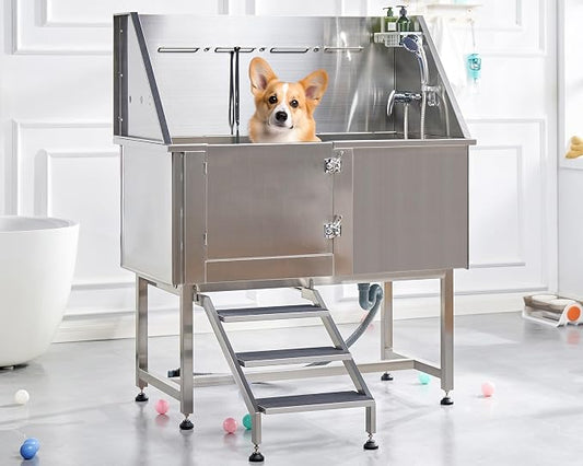Albott 50-Inch Stainless Steel Dog Washing Station with Anti-Slip Steps, Sprayer, Faucet, and Soap Box – Professional Pet Bathtub for Medium/Small Pets, Ideal for Home, Garage, and Grooming(Left) by Albott