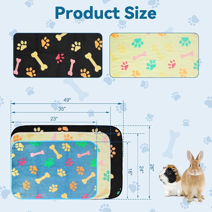 YUEPET 3 Pack Waterproof Guinea Pig Blankets Washable Small Animal Fleece Cage Liners Soft Pet Mat Pigs Bedding for Hamster Rabbit Chinchilla Ferret 35''×24'', Blue+yellow+black - Image 2