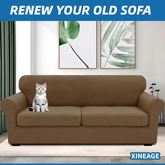 XINEAGE New 3 Pieces Couch Covers for 2 Extra Large Cushion Sofa Super Stretch Sofa Cover for 2 Large Seat Universal Loveseat Slip Cover for Living Room (Brown), 71"-91"(2 Cushions) - Image 4