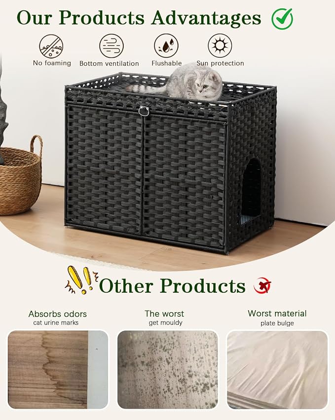 SETVSON Cat Litter Box Enclosure Furniture, Hidden Litter Box, Cat Litter Box Cabinet with 2 Litter Mats, Handwoven Rattan Large Space Cat House, Indoor for Living Room, Bedroom, Apartment Black - Image 3
