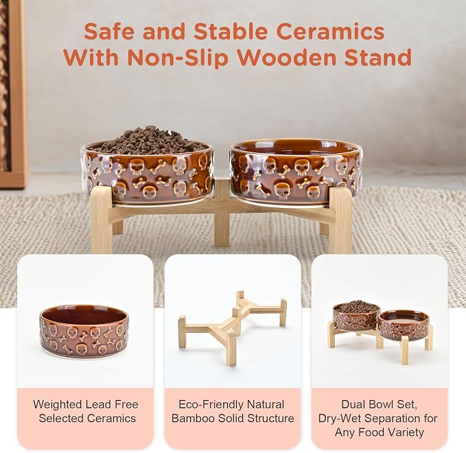 SPUNKYJUNKY Elevated Dog Bowls Ceramic, 5.1'' Dogs and Cat Food Water Bowls Raised with Non-Slip Bamboo Stand for Puppy Small Sized Breed Microwave Dishwasher Safe - 13.5 OZ,Skull Bronze - Image 6