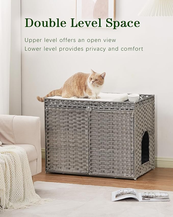 SETVSON Cat Litter Box Enclosure Furniture, Handwoven Rattan Hidden Litter Box with Mat, Large Space Cat House with 2 S-Shaped Hooks 30.3 x 18.3 x 24.4 Inches, Indoor for Living Room Apartment Gray - Image 2