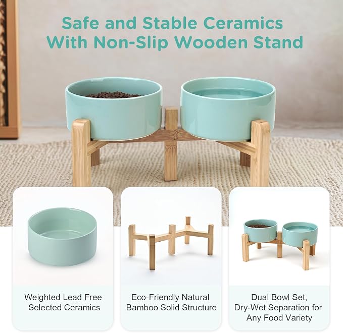 SPUNKYJUNKY Elevated Dog Bowls Ceramic, 6.1'' Dogs and Cat Food Water Bowls Raised with Non-Slip Bamboo Stand for Medium Sized Breed Microwave Dishwasher Safe - 28.7 OZ,Light Green - Image 6