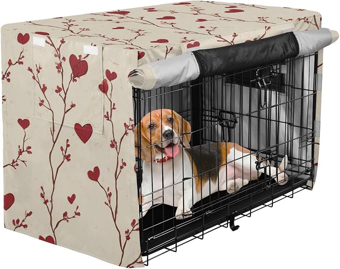 Dog Crate Cover Kennel Cover for Dog Cages Breathable for Wire Cage Indoor Outdoor Valentine Hearts Floral Beige - Image 2