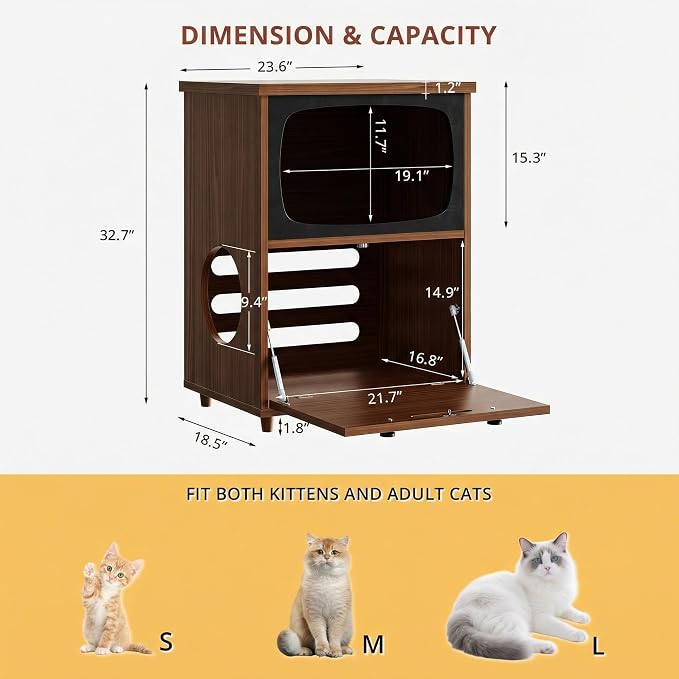 IRONCK 2-Tier TV Shaped Cat Litter Box Enclosure with Rattan Scratch Board | 2-in-1 litter cabinet. Fits standard litter boxes. 2-tier. Scratching board. Works as side table. Cat-friendly materials - Image 2