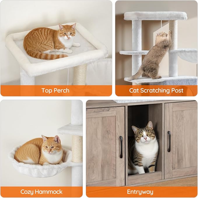 HOOBRO Cat Tree with 47.2" Dual Litter Box Enclosure, 63.4" Tall Multi-Functional Tower for Cats, Hidden Litter Box Enclosure Furniture, with Feeding Bowls, Scratching Posts, Hammocks, Greige BG23MZ03 - Image 7