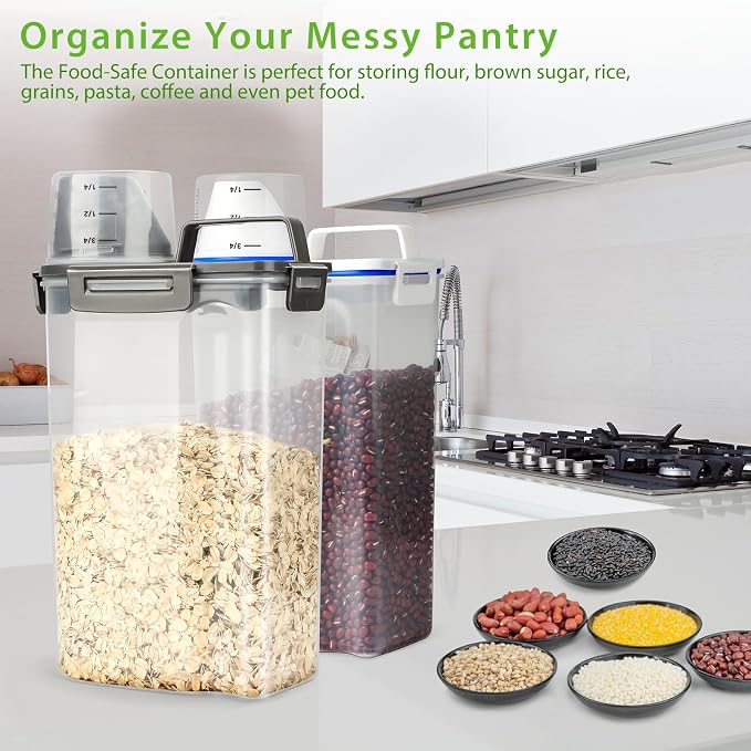 Viretec Rice Airtight Storage Container, 3 to 5Lbs Cereal Dry Food Flour Bin, Pet Dog Cat Food Dispenser with Measuring Cup, BPA Free Clear Plastic Kitchen and Pantry Organization Bin for Sugar - Image 6