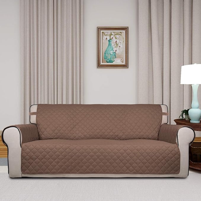PureFit Reversible Quilted Sofa Cover, Water Resistant Slipcover Furniture Protector, Washable Couch Cover with Non Slip Foam and Elastic Straps for Kids, Dogs, Pets (Large, Brown/Beige) | Brown/Beige, Water Resistant Couch Protector, Washable Pet Couc... - Image 2