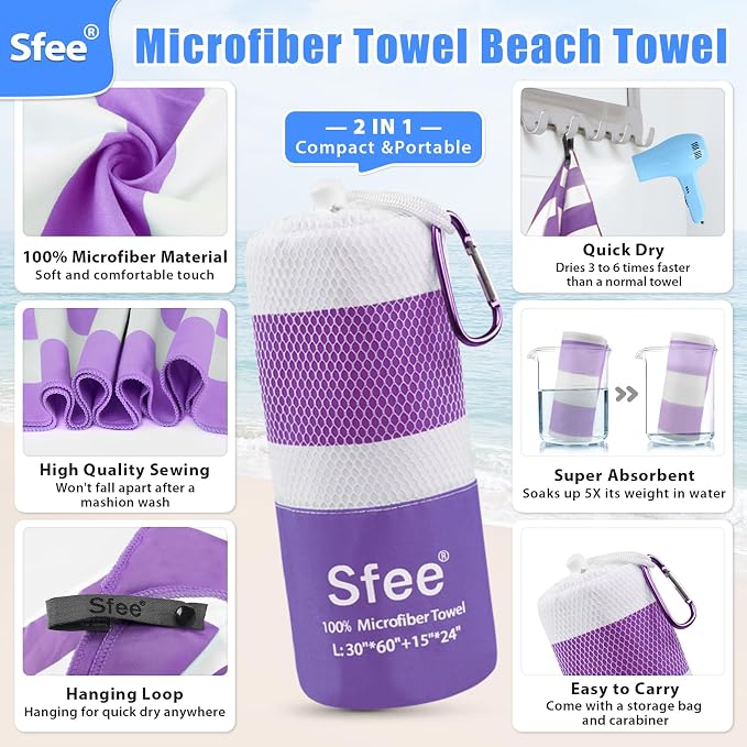 Sfee 2 in 1 Microfiber Oversized Beach Towel, Quick Dry Travel Towel Camping Towel Super Absorbent Compact Lightweight Sports Gym Towel for Beach,Gym, Hiking, Pool, Backpacking, Bath, Yoga - Image 2