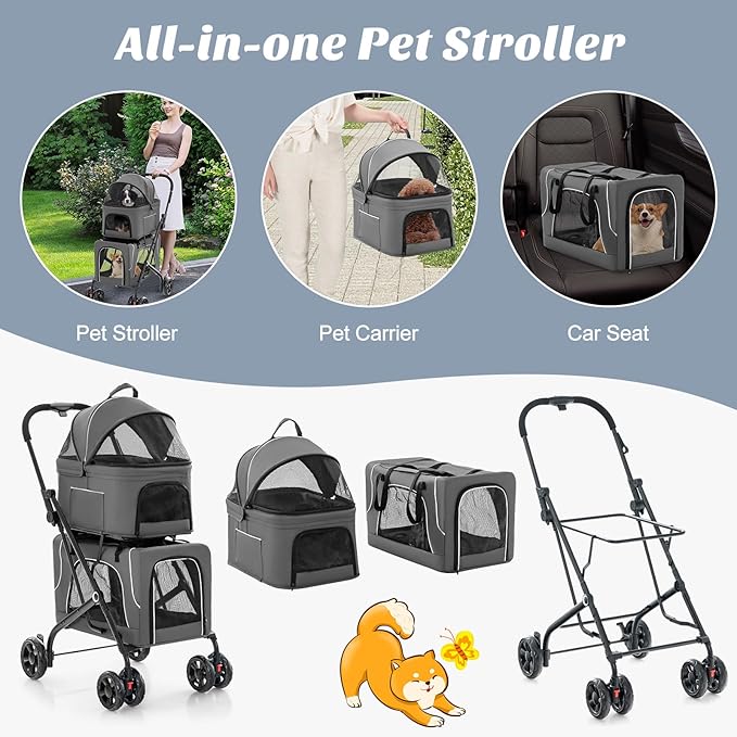 PETSITE Double Dog Stroller, Foldable 3-in-1 4 Wheels Cat Stroller with 2 Detachable Carriers, Safety Belt, Washable Cover, Removable Pads for Small Medium Dogs Cats (Grey)
