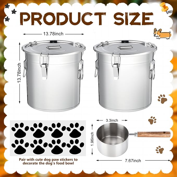 Lounsweer 2 Pack 8.9 Gal Stainless Steel Dog Food Storage Container with Lid and Locking Clamp 33 L Metal Airtight Container Large Stainless Steel Bucket with Food Scoop for Pet Feed - Image 2