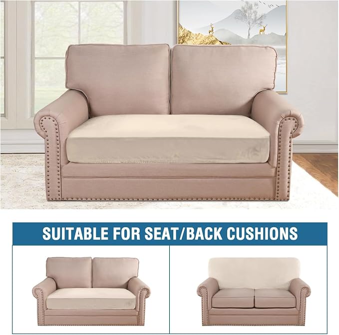 H.VERSAILTEX Velvet Stretch Individual Cushion Cover Plush Cushion Slipcover for Loveseat Sofa Furniture Protector Seat Cushion Sofa Cover (1 Piece Loveseat Cushion Cover, Cream) - Image 4