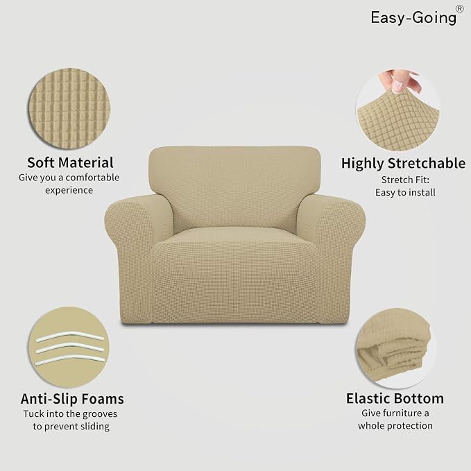 Easy-Going Stretch Oversized Chair Slipcover with Arm Washable Beige | 1-Piece Large chair covers armchair Furniture Protector for Living Room chair and a half cover Soft For Kids, Pet. - Image 5