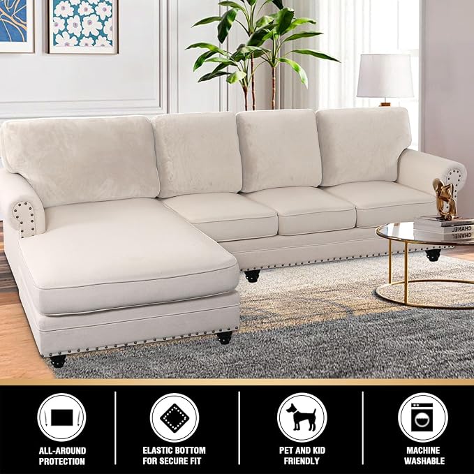 PrinceDeco Sectional Couch Covers Velvet Cushion Covers for Sectional Couch Washable Cushion Covers for Sectional Sofa Pet Friendly Sectional Sofa Slipcovers(1 Chaise Back+ 3 Sofa Back,Ivory) - Image 2