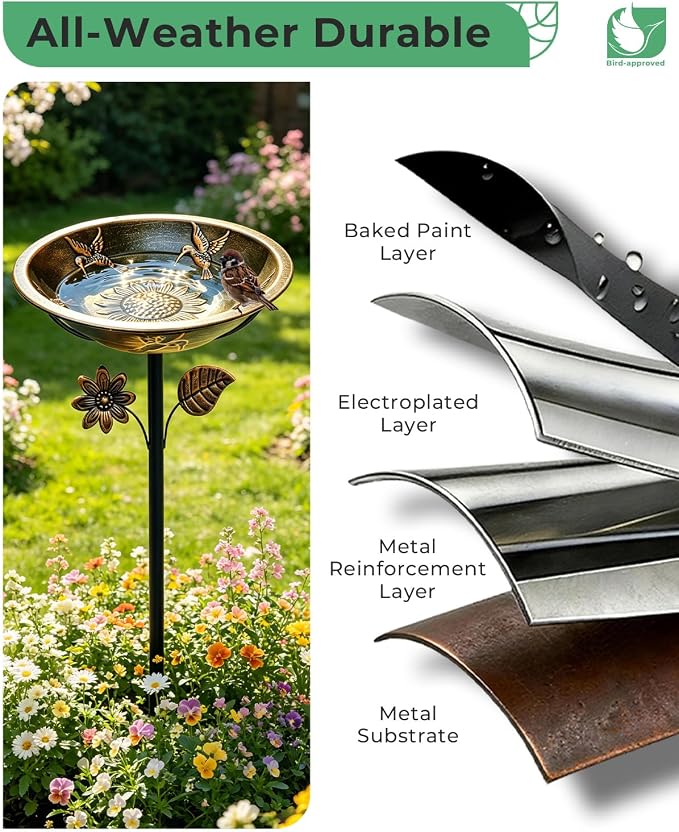 13" Metal Bird Bath for Outside – Hummingbird Embossed Garden Birdbath Bowl with Stake | Adjustable Height Outdoor Bird Bath, Removable Bowl, Rust Resistant Yard Lawn Decor - Image 5