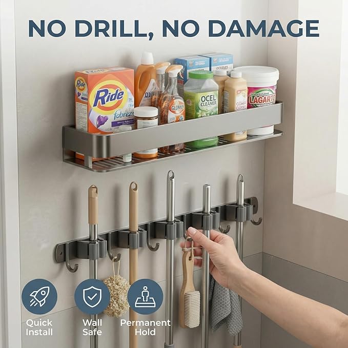 Broom Holder Wall Mount 24 Inch, Heavy-Duty Hooks & Sturdy Anti-Fall Large Capacity Shelf, Holds Brooms, Mops, Vacuums & Cleaning Supplies for Laundry Room, Garage and Closet - Image 5