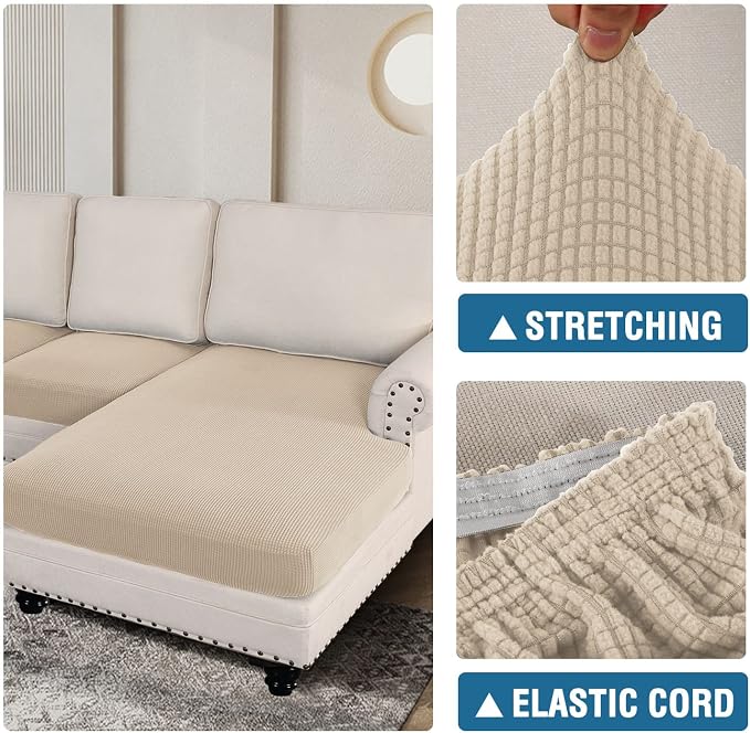 H.VERSAILTEX Sectional Couch Covers 4 Pieces Sofa Seat Cushion Covers L Shape Separate Cushion Couch Chaise Cover for Both Left/Right Sectional Couch (Seat Only: 1 Chaise + 3 Sofa, Natural) - Image 6