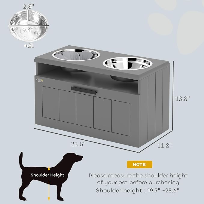 PawHut Elevated Dog Bowls Raised Dog Feeder with Storage Gray | 2 Stainless Steel Bowls, Slow Feeder Mat, Feeding Station, Large Extra Large Breeds - Image 7