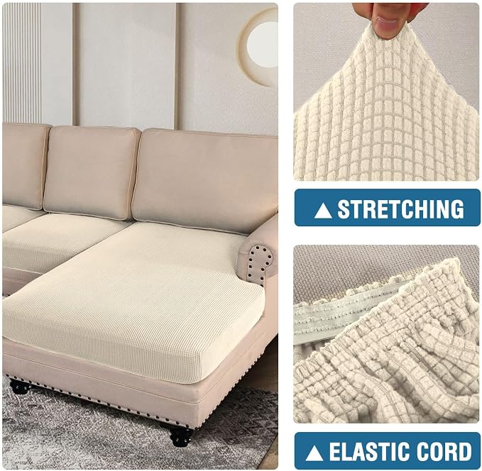 H.VERSAILTEX Sectional Couch Covers 3 Pieces Sofa Seat Cushion Covers L Shape Separate Cushion Couch Chaise Cover for Both Left/Right Sectional Couch (Seat Only: 1 Chaise + 2 Sofa, Cream) - Image 6
