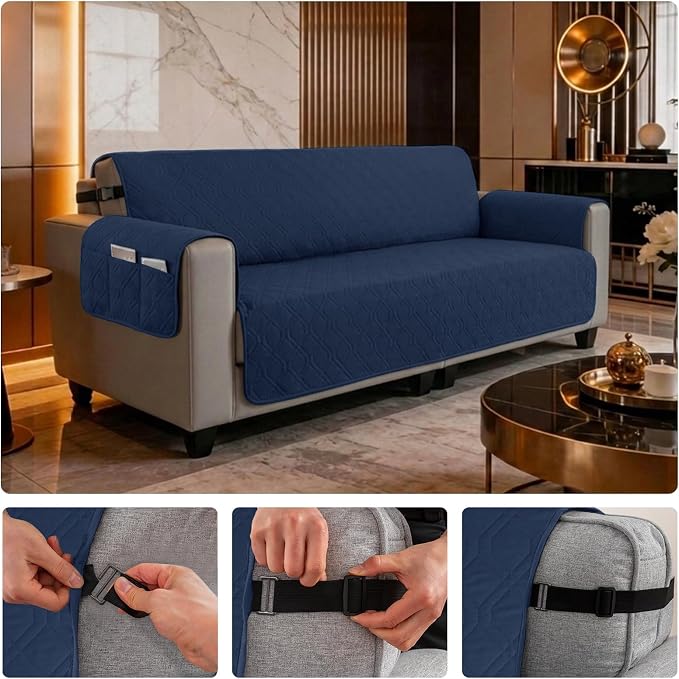 100% Waterproof Quilted Couch Cover,Straps&Pockets,78" Navyblue | Washable sofa cover, pet-friendly, scratch-resistant furniture protector, quilted sofa cover, reversible, non-slip backing. - Image 6