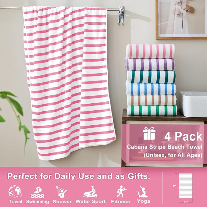 JML Microfiber Beach Towels, 4 Pack, 27" x 55", Stripe Pink | Soft, Super Absorbent, Fast Drying Bath Towel Set for Swimming, Pool, Summer Beach Party - Image 2