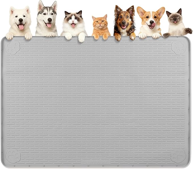 Dog Food Mat 70''x45'' Extra Large Dog Mat for Food and Water, Light Grey | Silicone Dog Bowl Mat with Raised Edge, Waterproof Non-Slip Pet Feeding Mat for Floors, fit for Dog Cat Bowls by Bartuke