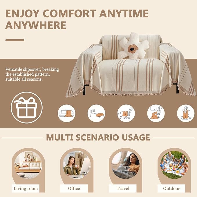 DREAMINGO Armchair Cover Washable Chenille Sofa Protector for Pet Kids Beige Coffee Chair Couch Covers for 1 Cushion Couch Stripe Jacquard Versatile Sofa Throw Slipcover for Futon Couch, 71"x91" - Image 3