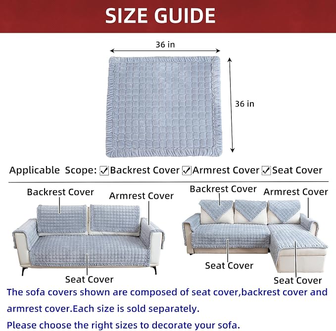 Couch Cover Sectional Couch Covers Non Slip Sofa Covers Washable for 3 Cushion Couch L Shaped Couch Protector Sofa Slipcovers for Kids Dogs Pets,Velvet,Gray,36''x36''(Only 1 Piece) - Image 3