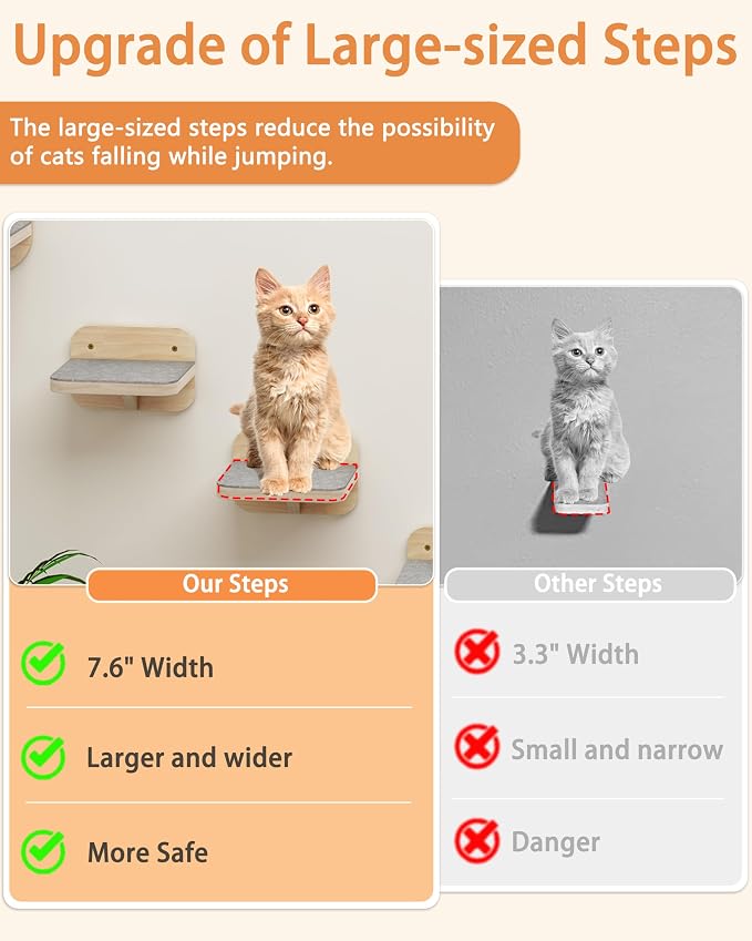 Meidok Cat Wall Furniture,Cat Wall Shelves,Dog Proof Cat Feeding Station with 3 Wide Wall Steps and 2pices 304 Stainless Steel Bowl Cat Feeding Shelf for Cats up to 25 Lbs - Wood Color - Image 4