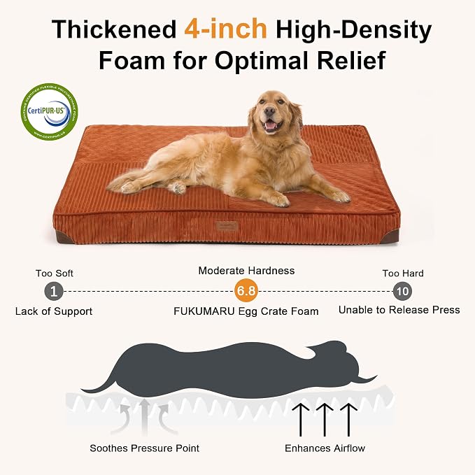 FUKUMARU X-Large Dog Bed, Thickened Waterproof Dog Mat with Washable Cover | 4" Extra Thick Egg Crate Foam Pet Mat, Corduroy Orthopedic Dog Bed for Crate, Flat Dog Pad with Anti-Slip Bottom - Image 3