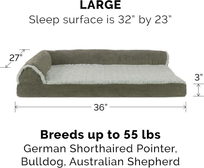 Furhaven Orthopedic Dog Bed for Large/Medium Dogs w/ Removable Bolsters & Washable Cover, For Dogs Up to 55 lbs - Two-Tone Plush Faux Fur & Suede L Shaped Chaise - Dark Sage, Large - Image 2
