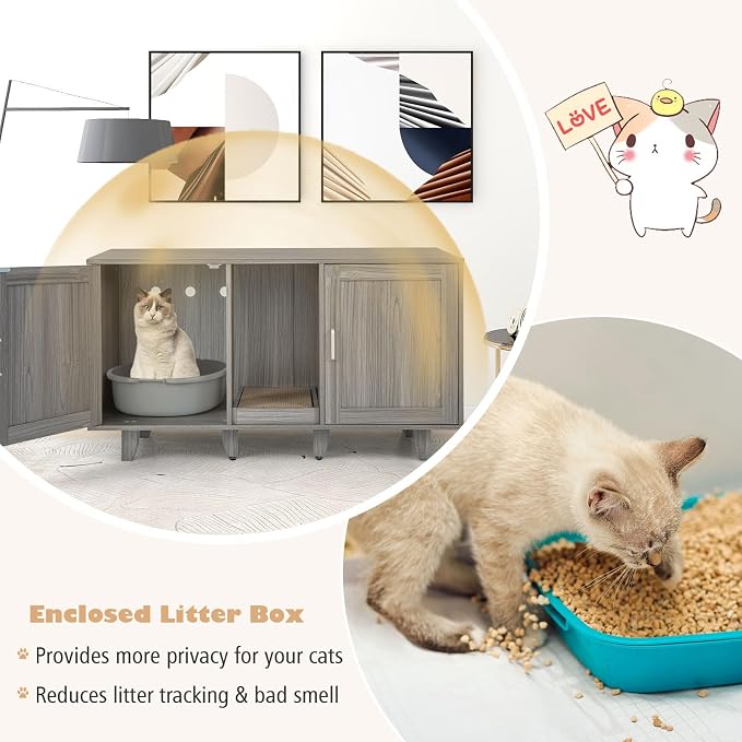 Tangkula Patented Double Cat Litter Box Enclosure for 2 Cats, Large Stackable Hidden Privacy Cat Washroom Cabinet with Scratching Board, Indoor Cat House TV Stand, Litter Box Furniture (Grey Oak) - Image 7