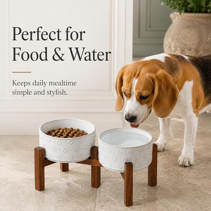 Havniva Elevated Dog Bowls, Ceramic Raised Dog Bowl with Stand | 6.1” Dog Food Bowls Elevated, Dog Food and Water Bowl Set, Non-Slip Acacia Wood Stand, Small Dogs Bowl, 3.4 Cups 27 oz - Image 3