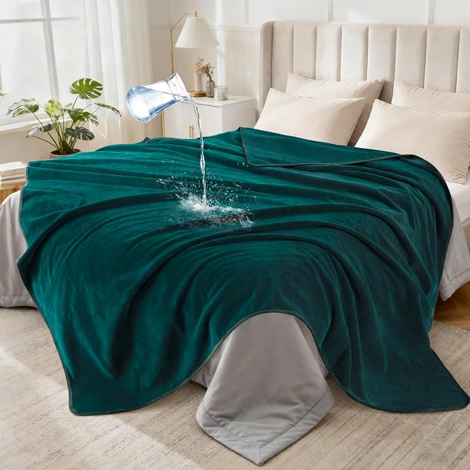 LOOBANI Waterproof Blanket for Twin Bed, Reversible Leakproof Throw 60"x80" | Waterproof Dog Blanket for Pet Accidents, Soft Flannel & Coral Fleece Bed Throw, Stain-Resistant Furniture Protector, Green by LOOBANI
