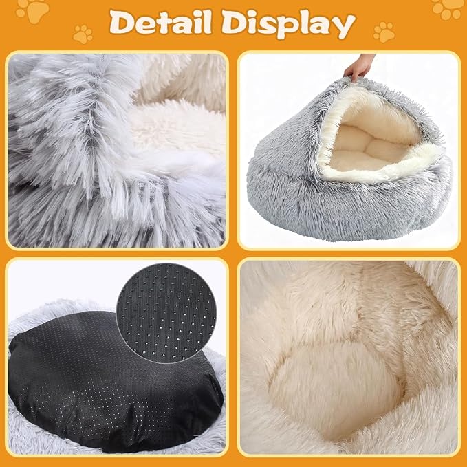 ShinHye Round Plush Fluffy Hooded Cat Bed Cave, Cozy for Indoor Cats or Small Dogs, Waterproof Bottom, Washable（40 in） - Image 4