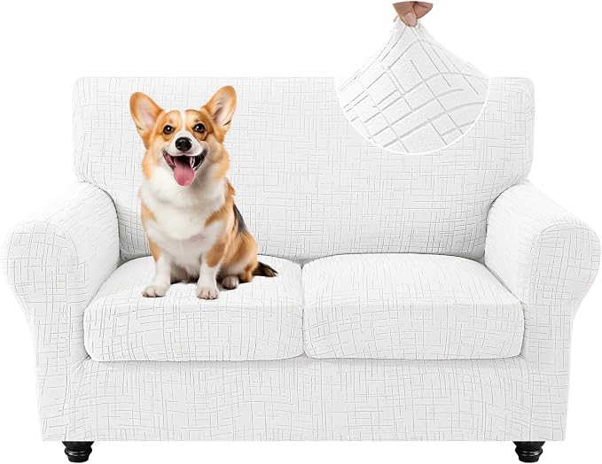 CYCMCAO 3 Piece Stretch Sofa Cover Couch Covers for 2 Cushion Couch, Non Slip Loveseat Covers, Sofa Covers Washable with Elastic Bottom for Kids, Dogs (Off-White), 55"-69" (2 Cushion Loveseat) by CYCMACOHOME