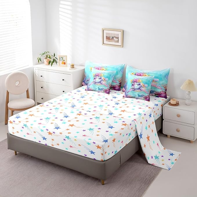 Erosebridal Turtle King Size Comforter Set with Sheets, Reptile Bed in A Bag for Kids Teens Youth Adults Bedroom, Underwater World Sea Animal 7 Pcs Bedding Set, Watercolour Coral Bed Sets - Image 4