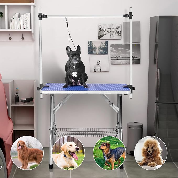 Lyromix 46'' Stainless Steel Pet Dog Grooming Table, Arm/Noose/Tray, Blue | Foldable Dog Grooming Table for Dogs at Home, Adjustable Height Arm, Non-Slip Waterproof Tabletop, Capacity 330Lb - Image 8
