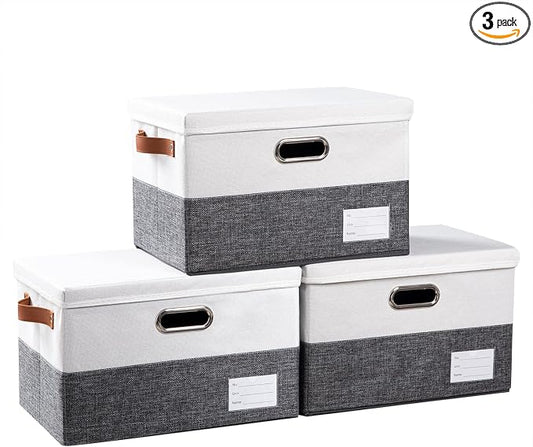 PRANDOM Foldable Storage Bins with Lids [3-Pack] Fabric Collapsible Storage Boxes Baskets Cubes Containers with Handles for Closet Living Room Bedroom (Grey & White 14.9x9.8x9.8'') by Prandom
